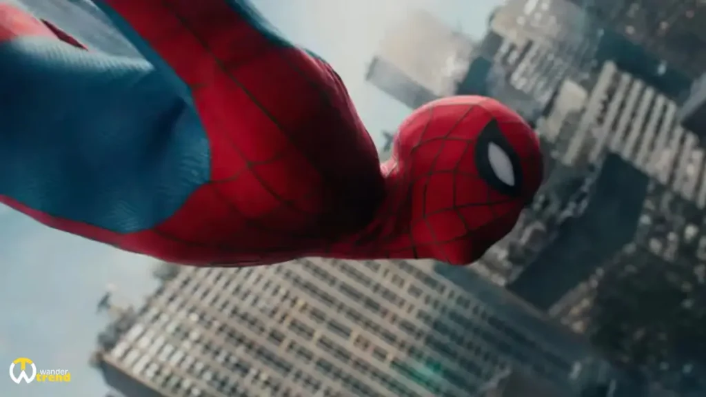 Spider-Man in his red and black suit crouching on a rooftop ledge overlooking a foggy city