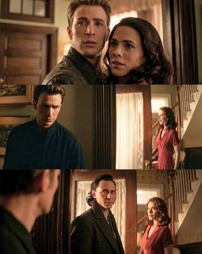 Steve Rogers and Peggy Carter interrupted by TVA Loki in Avengers Endgame Encore