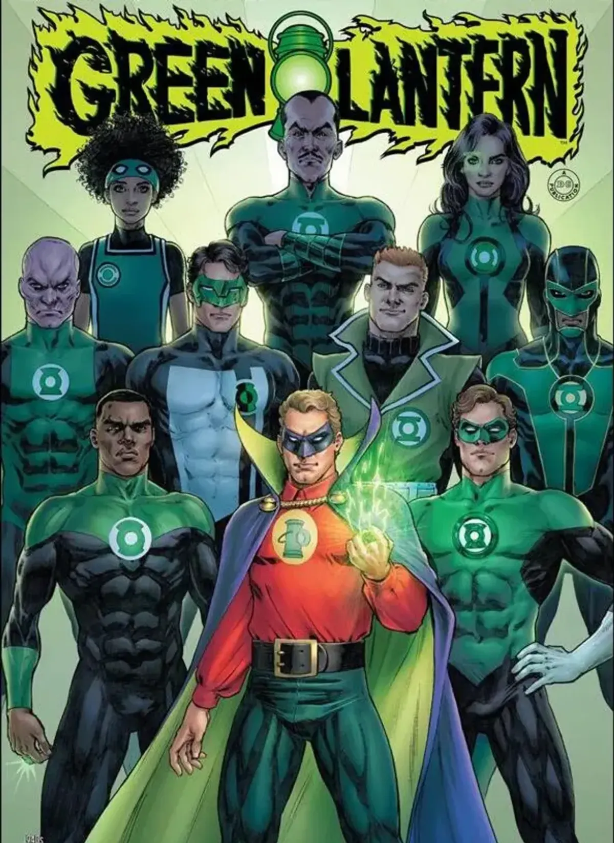 Green Lantern Corps comic book cover featuring Hal Jordan, John Stewart, Guy Gardner, and other ring-wielding Green Lanterns