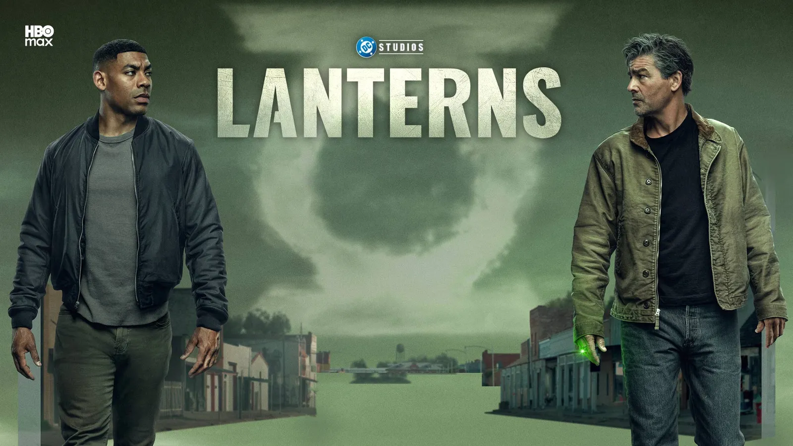 HBO Max Lanterns show poster with Aaron Pierre as John Stewart and Kyle Chandler as Hal Jordan walking through a small town