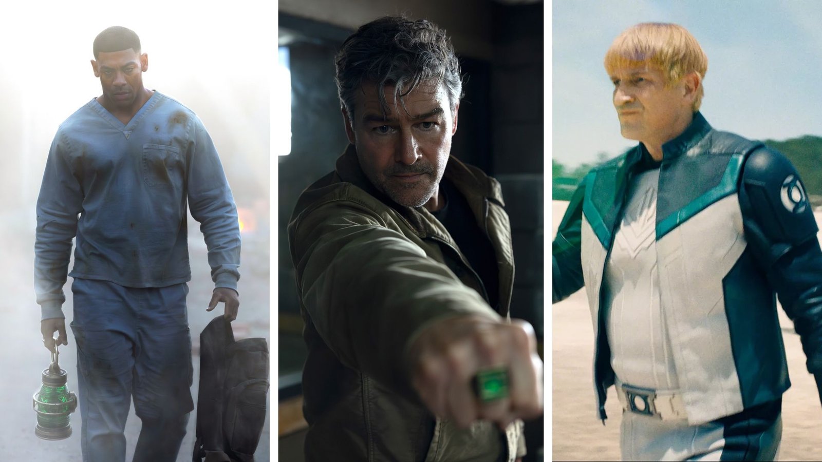 Three scenes from Lanterns showing John Stewart holding a lantern, Hal Jordan pointing his ring, and Guy Gardner in Green Lantern uniform